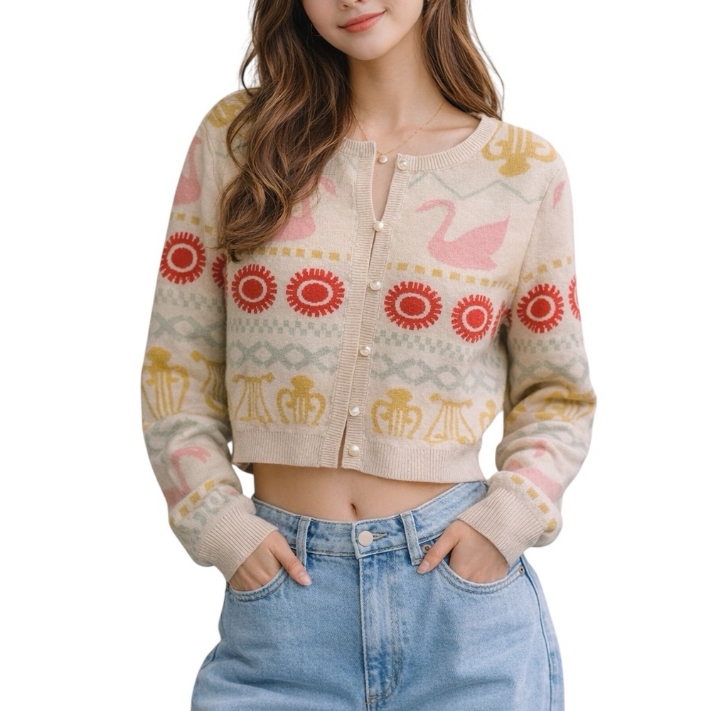 Willow & Wind Whimsical Swan Cropped Fair Isle Pattern Cardigan Size Small